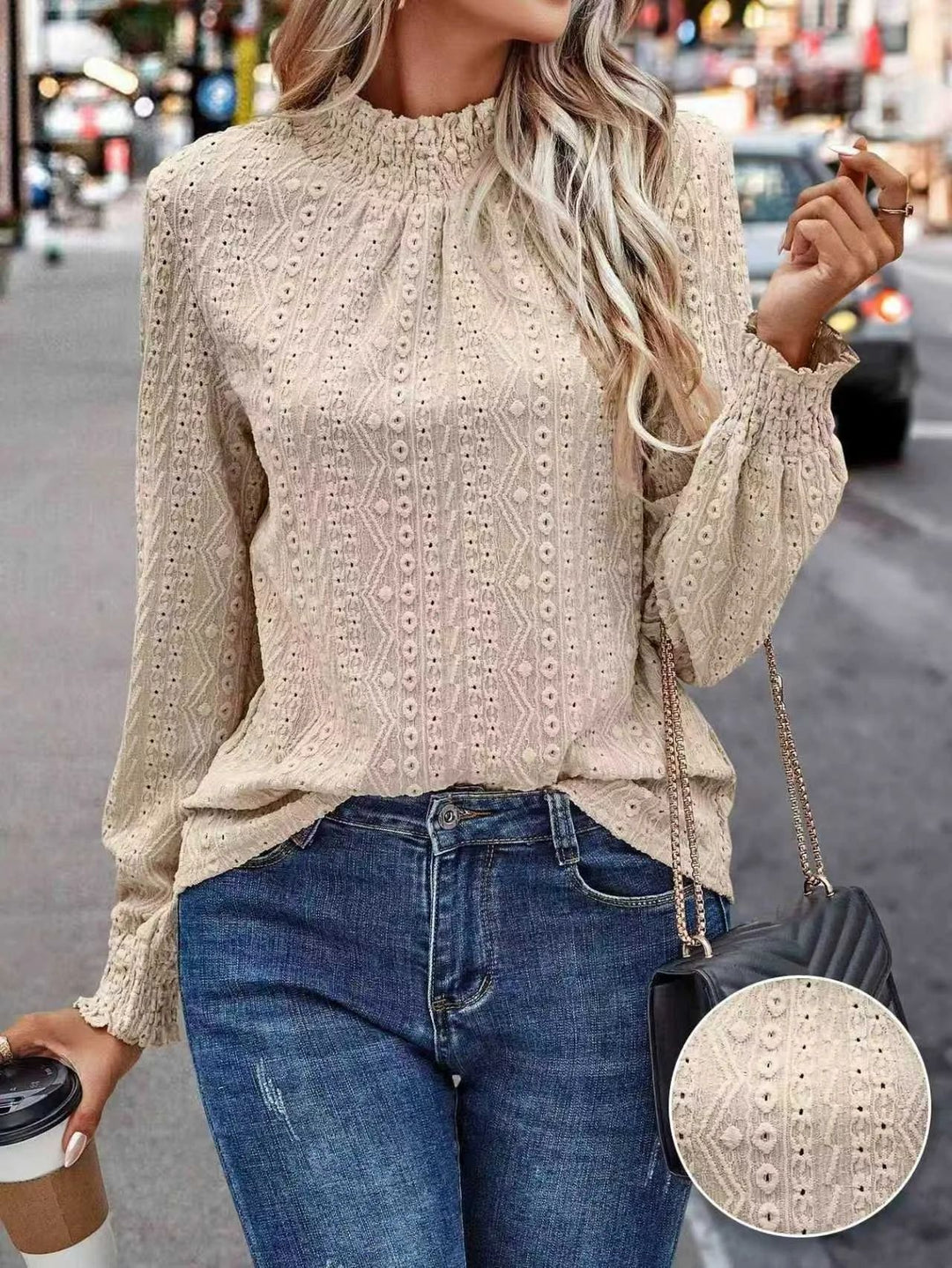 Damen Lochspitzen-Bluse mit gerafftem Stehkragen und Smok-Ärmeln Shop Nory