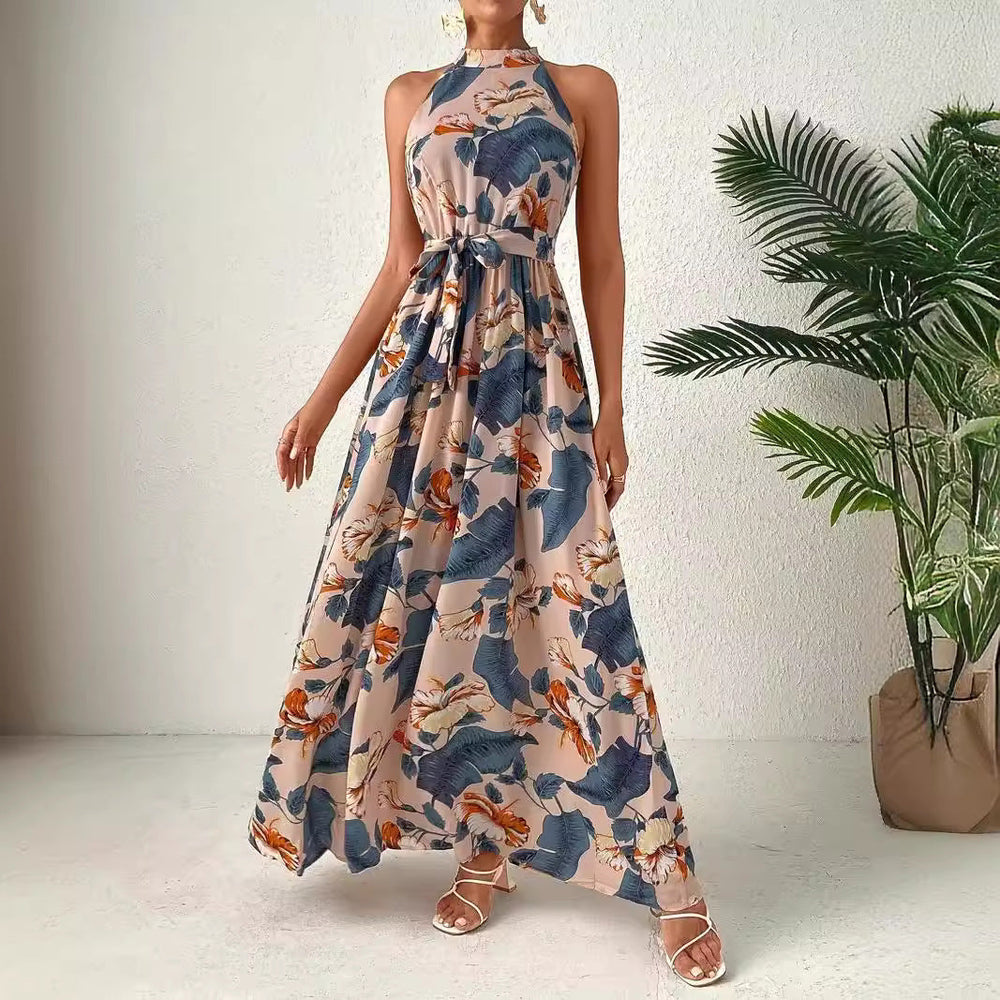 Damen Maxikleid Im Boho-Stil mit Hohem Kragen und Bindegürtel