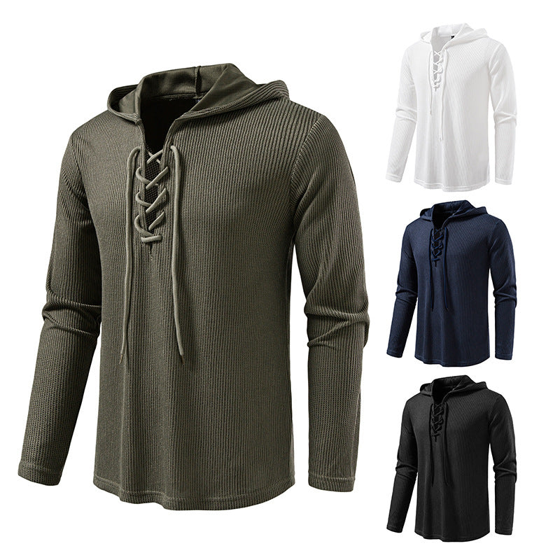 Herren Waffelstrick-Kapuzenpullover mit Schnürkragen und geradem Saum Shop Nory