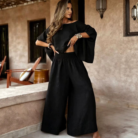 Damen Leinen-Set mit Cropped Oversize-Top und hohem elastischem Bund Palazzohose Shop Nory