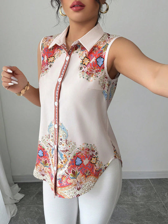 Damen Ärmellose Hemdbluse mit Kentkragen, A-Linien-Silhouette und durchgehender Knopfleiste Shop Nory