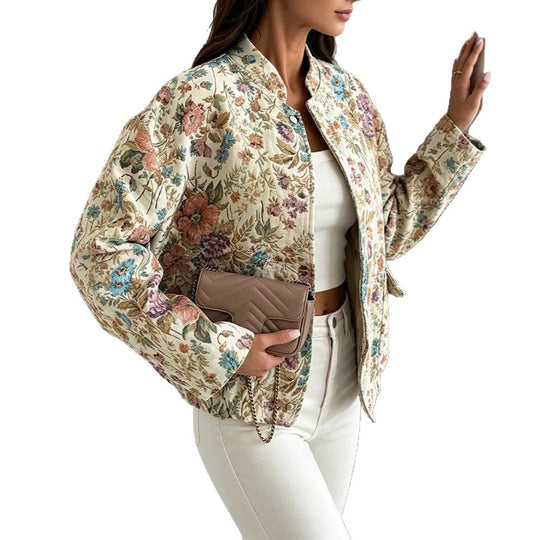 Damen Florale Jacquard-Steppjacke mit Stehkragen und elastischem Saum Shop Nory