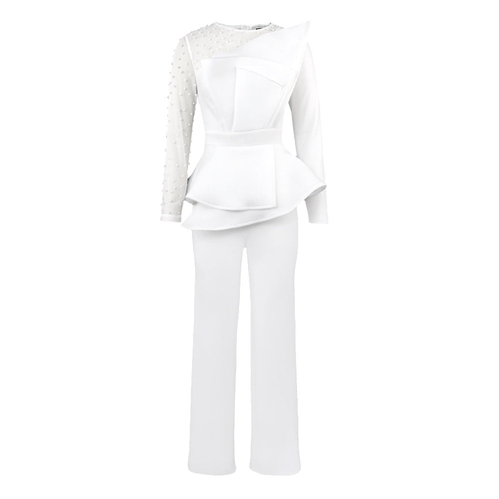 Damen eleganter Jumpsuit mit asymmetrischem Oberteil und raffiniertem Rüschendesign