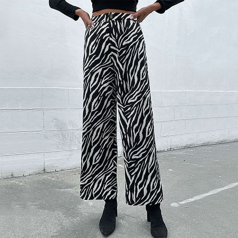 Damen Weite Palazzo-Hose mit Animal-Zebra-Muster, hohem Bund und Gürtelschlaufen Shop Nory