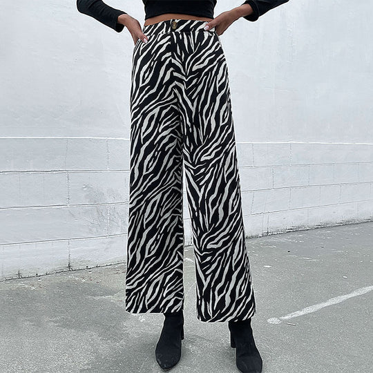 Damen Weite Palazzo-Hose mit Animal-Zebra-Muster, hohem Bund und Gürtelschlaufen Shop Nory