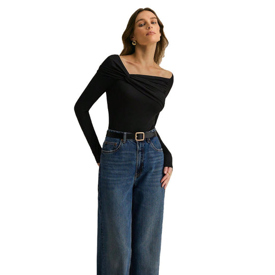 Damen asymmetrisches Off-Shoulder-Drapiertes Langarmshirt mit Knoten-Detail Shop Nory