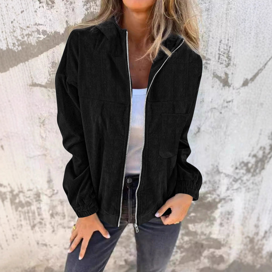 Damen Casual Cord-Hoodiejacke mit feiner Kordsamtstruktur, durchgehendem Reißverschluss und elastischem Saum Shop Nory