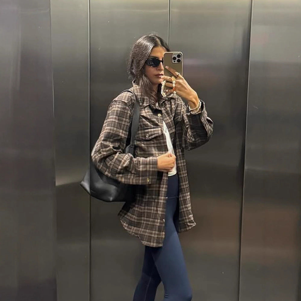 Damen Kariertes Overshirt mit Brusttaschen und goldenen Druckknöpfen Shop Nory