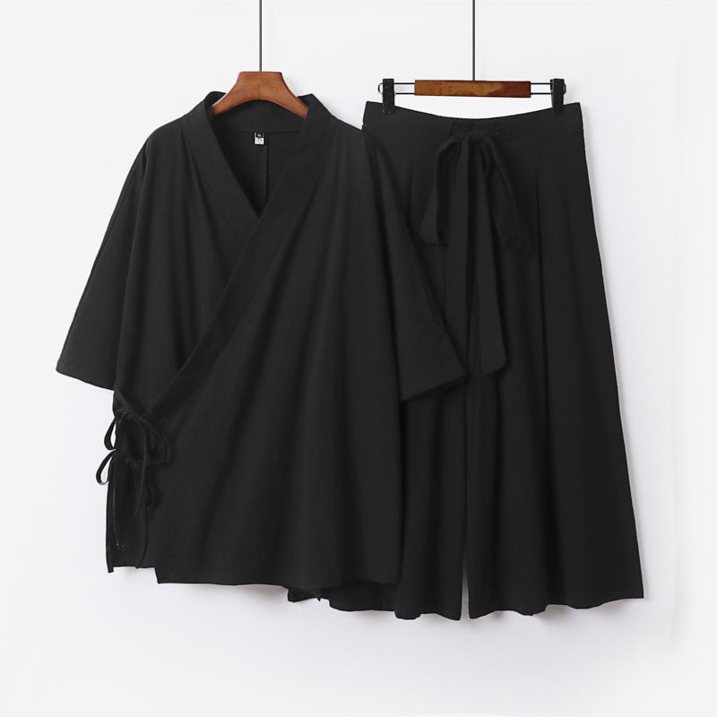 Damen Kimono-Loungewear-Set aus leichter Viskose mit Wickeloberteil und weitem Culotte-Hosenrock Shop Nory