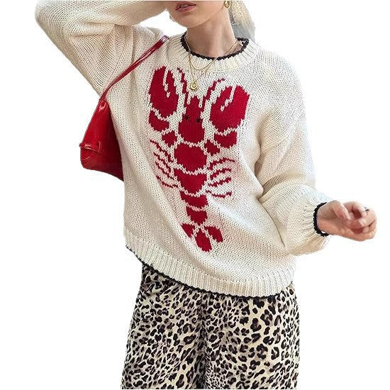 Damen Strickpullover mit maritimem Hummer-Print und lässigem Schnitt