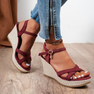 Damen Jeans-Optik Keilsandalen mit geflochtener Bastsohle und verstellbarem Knöchelriemen Shop Nory