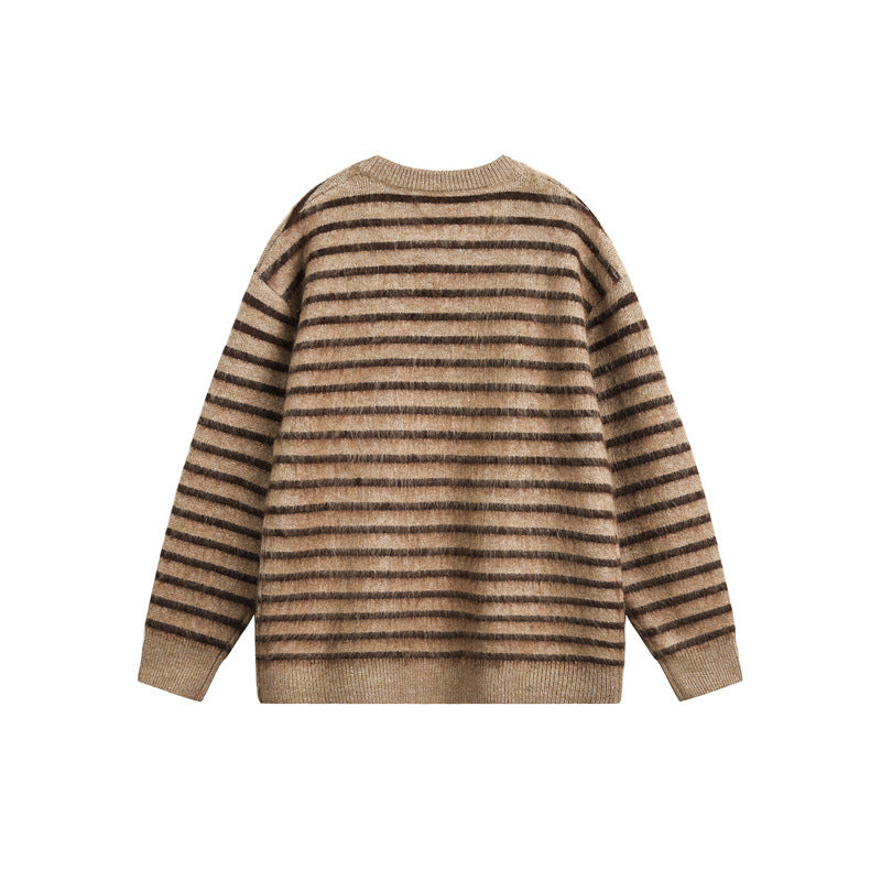 Unisex Oversize Gestreifter Flauschpullover mit Rundhalsausschnitt Shop Nory