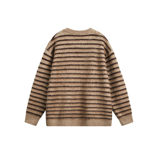 Unisex Oversize Gestreifter Flauschpullover mit Rundhalsausschnitt Shop Nory