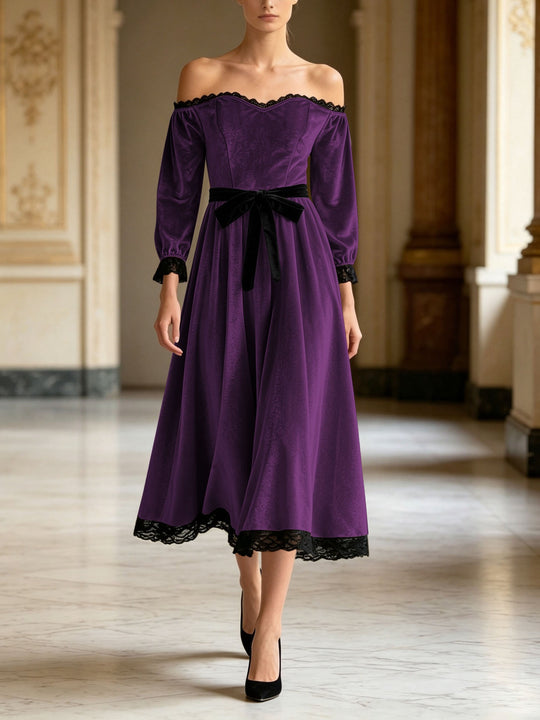 Damen Schulterfreies Samtkleid mit Spitzenbesatz, Samt-Taillengürtel und ausgestelltem Midirock Shop Nory