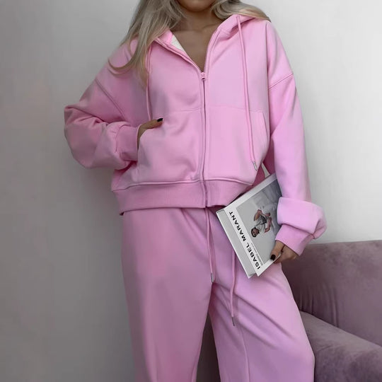 Damen lässiges Kapuzen-Sweatshirt mit Reißverschluss und weiten High-Waist Jogginghose Shop Nory