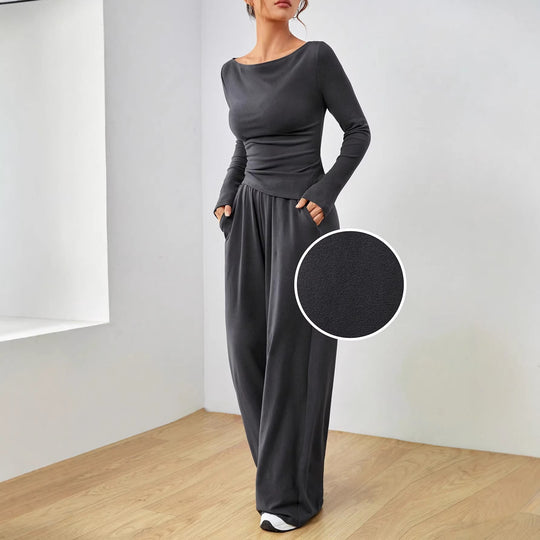 Damen Lässiges Two‑Piece Lounge‑Set mit U‑Boot‑Ausschnitt, taillierter Drapierung und weitem Palazzohose Shop Nory