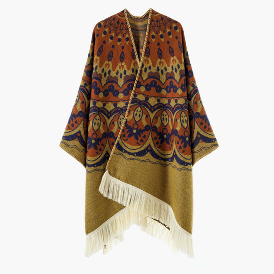 Damen Gewebter Jacquard-Poncho mit V-Ausschnitt, Ethno‑Print und Fransen Shop Nory
