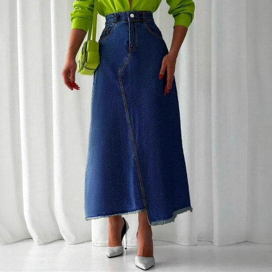 Damen Hochtaillierter Maxi-Denimrock mit asymmetrischer Vordernaht und fransigem Saum Shop Nory