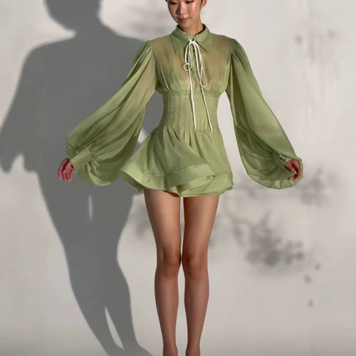 Damen Transparentes Chiffon-Minikleid mit Korsagenoptik, Puffärmeln und ausgestelltem Rock Shop Nory
