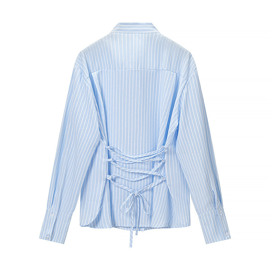Damen Gestreifte Bluse mit Schleifenkragen und durchgehender Knopfleiste Shop Nory