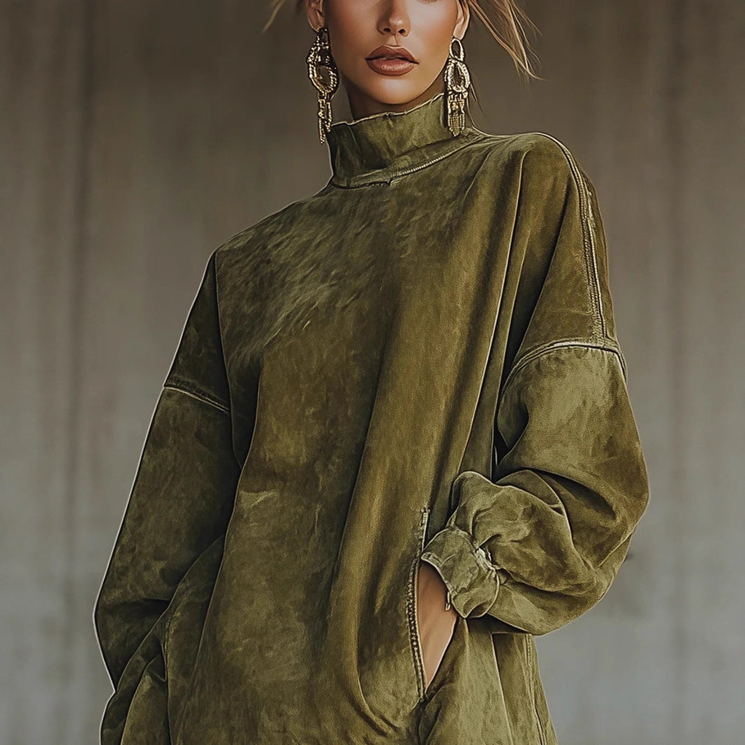 Damen nan oversized Wildlederoptik Tunika mit Stehkragen und Fransen Shop Nory