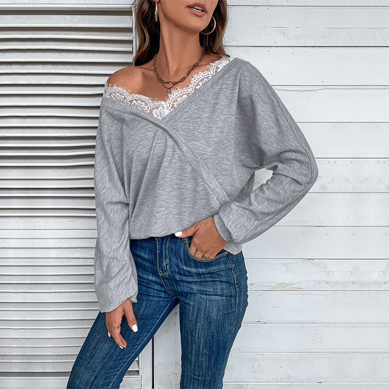 Damen Oversized Wickel-Longsleeve mit Spitzenblende und weitem Arm Shop Nory