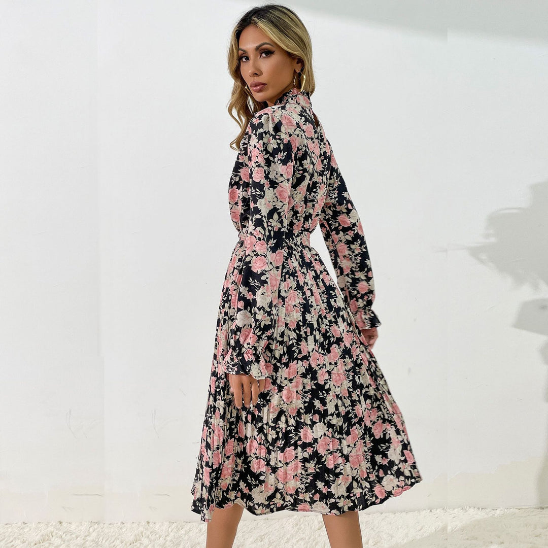 Damen Midikleid mit Blumenprint, Plissée‑Rock, Stehkragen und Bindegürtel Shop Nory