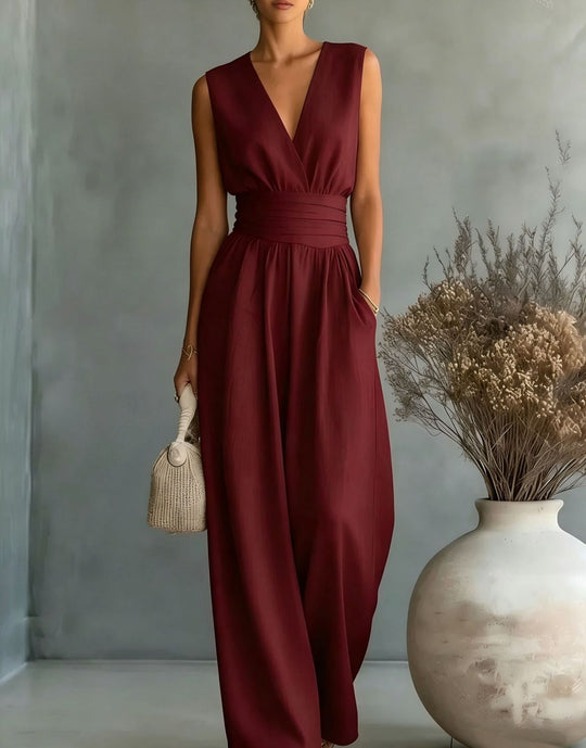 Eleganter Ärmelloser Jumpsuit mit Tiefem V-Ausschnitt, Taillenbund und Weitem Bein