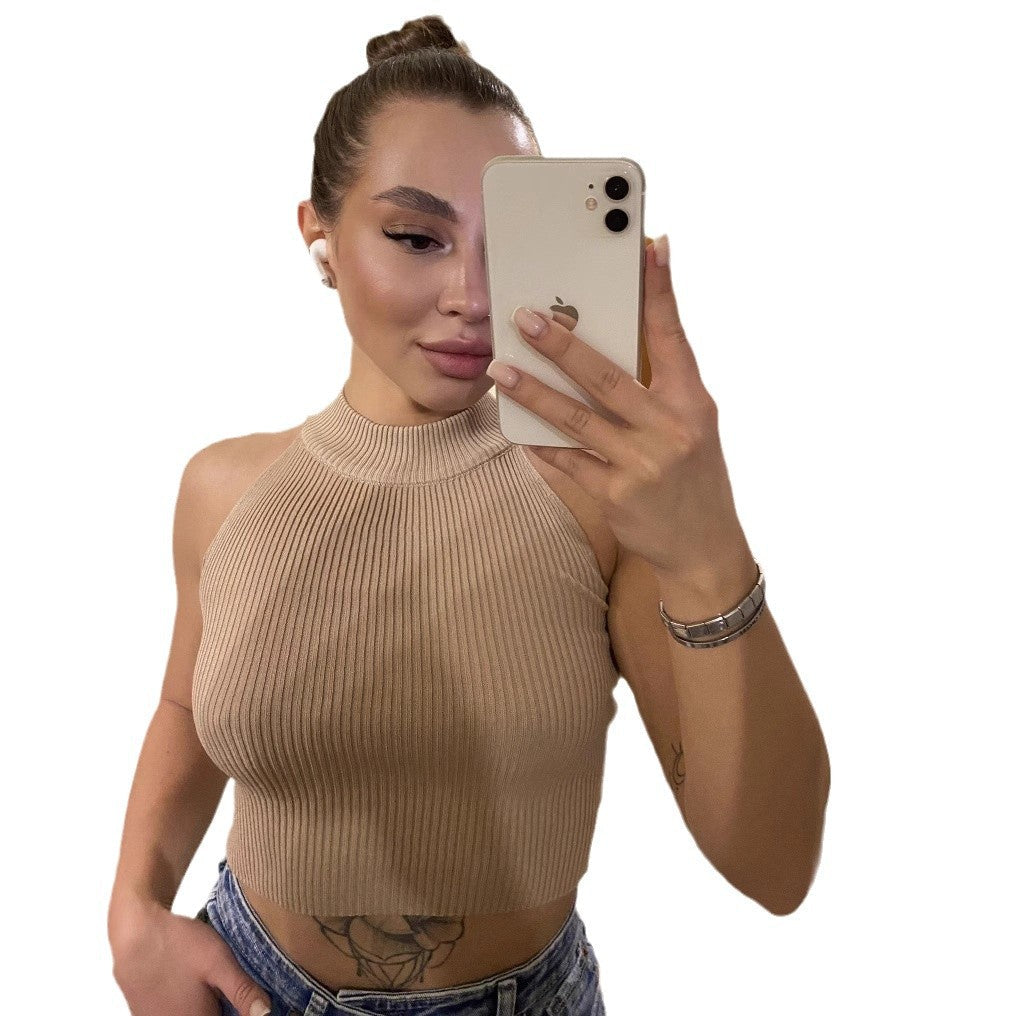 Damen Crop-Top mit hohem Kragen und Rippstruktur