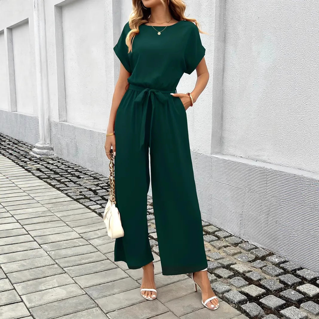 Damen Eleganter Jumpsuit mit weitem Bein und Taillenknoten ShopNory