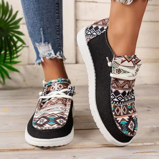 Damen Aztekische Slip-On Sneakers mit Strickoberteil und Mokassin-Naht Shop Nory