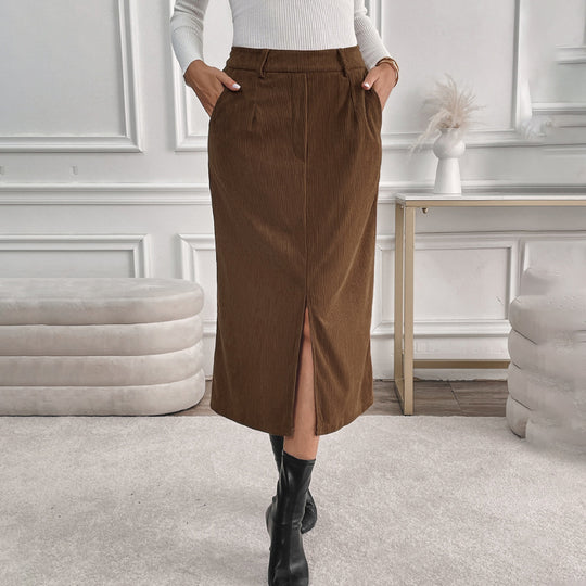 Damen Cord-Midirock mit hohem Bund, Eingrifftaschen und mittigem Schlitz Shop Nory