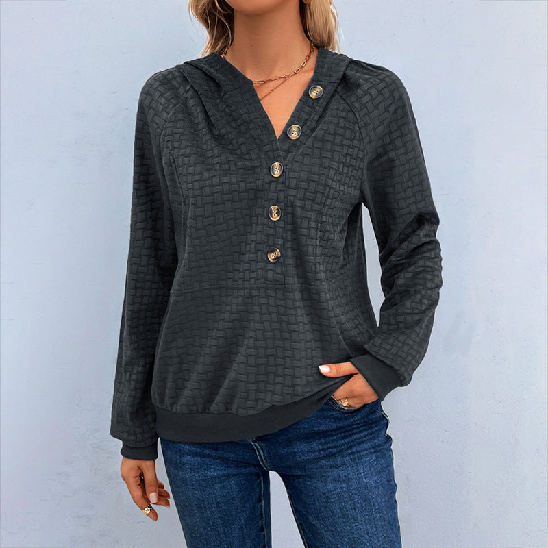 Damen Texturiertes Kapuzen-Henley-Pullover mit Knopfleiste und Kängurutasche Shop Nory