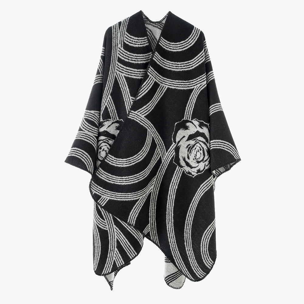 Damen Jacquard‑Capeponcho mit Rosendessin und Oversize‑Fall Shop Nory