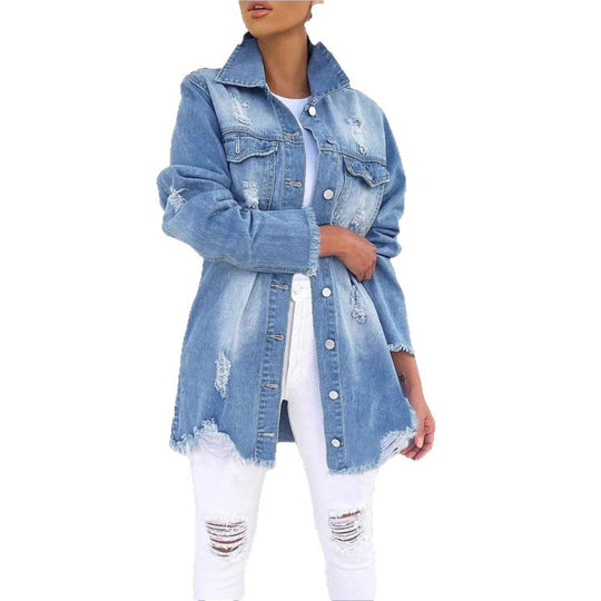 Damen Oversize-Denimjacke mit Destroyed-Details, längerem Schnitt und ausgefranstem Saum Shop Nory