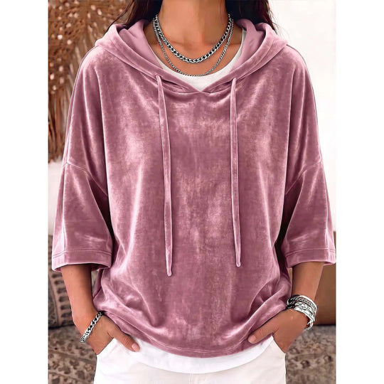 Damen Oversize Samt-Halbarm-Hoodie mit Kordelzug und Taschen Shop Nory