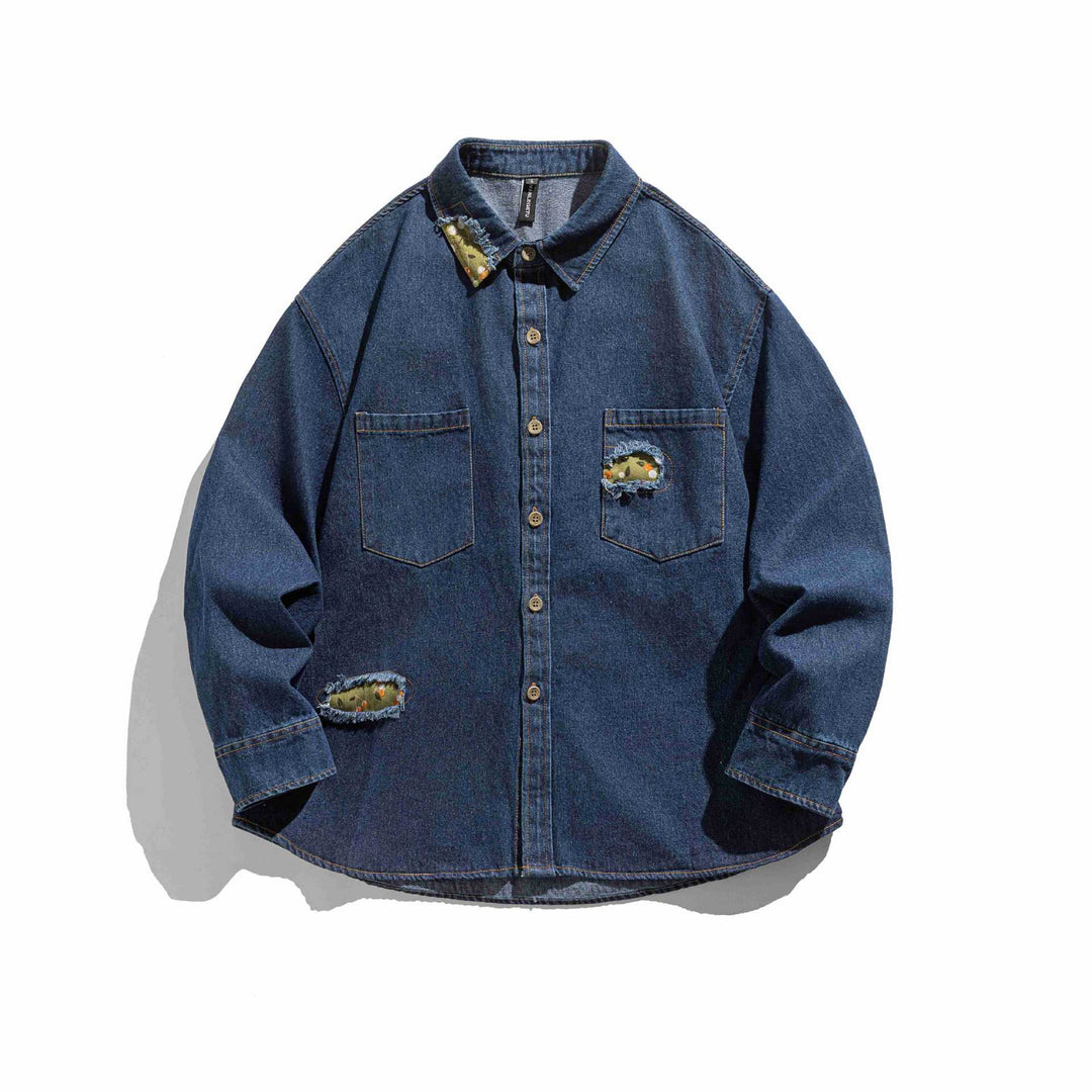 Herren Oversized Jeanshemd-Jacke mit Used-Effekten und Camouflage-Patches Shop Nory