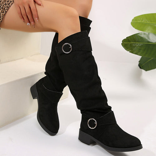 Damen Slouch-Stiefel kniehoch mit dekorativem Ringriemen und niedrigem Blockabsatz Shop Nory