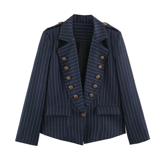 Damen taillierter Doppelreiher-Nadelstreifenblazer mit Schulterklappen Shop Nory