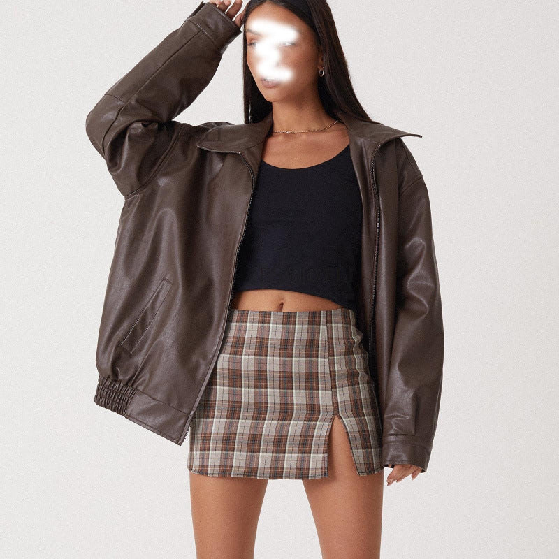 Damen Oversize Kunstleder Blouson mit Reißverschluss und elastischem Saum Shop Nory