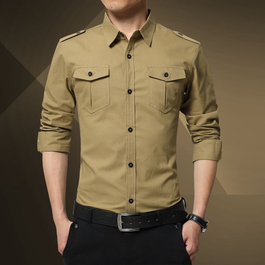 Herren Slim-Fit Baumwoll-Mix Utility-Hemd mit Schulterklappen und Brustpattentaschen Shop Nory