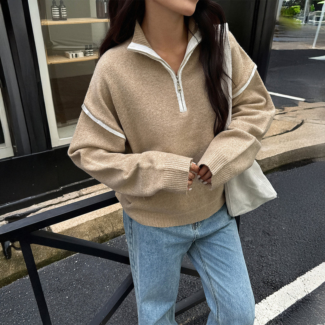 Damen nan oversized Strickpullover mit halbem Reißverschluss, Kontrastpaspeln und überschnittener Schulter Shop Nory
