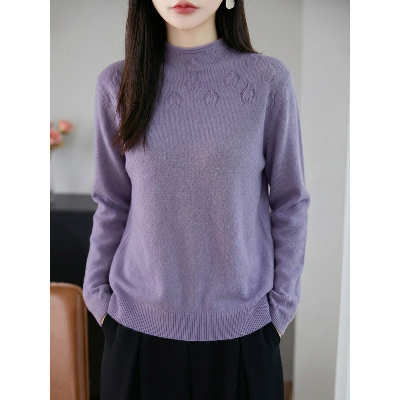 Damen Leichter Stehkragenpullover mit floralem Ajour‑Yoke und feiner Rippkante Shop Nory