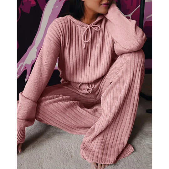 Damen Geripptes Strick-Loungewear-Set mit Kapuzenpullover und weiter Kordelzughose Shop Nory