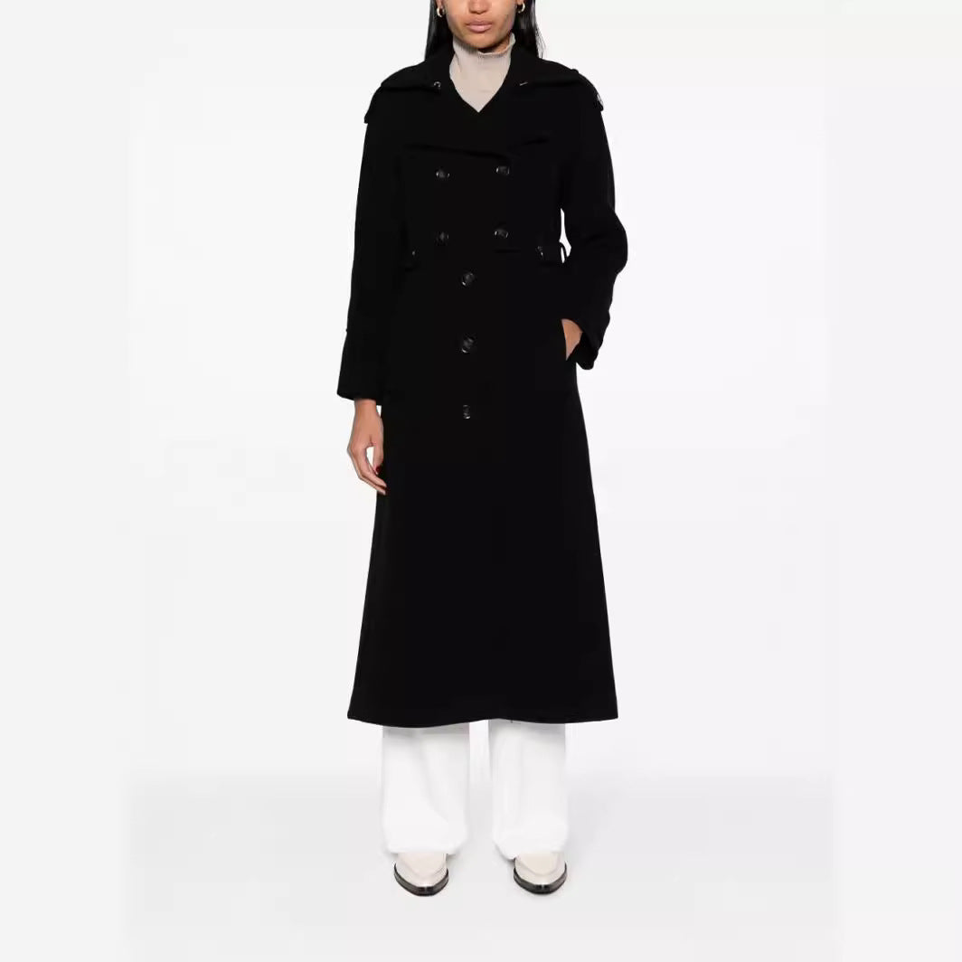 Damen Bodenlanger Doppelreihiger Trenchcoat aus Wollmix mit Schulterpatten und verdecktem Taillengürtel Shop Nory