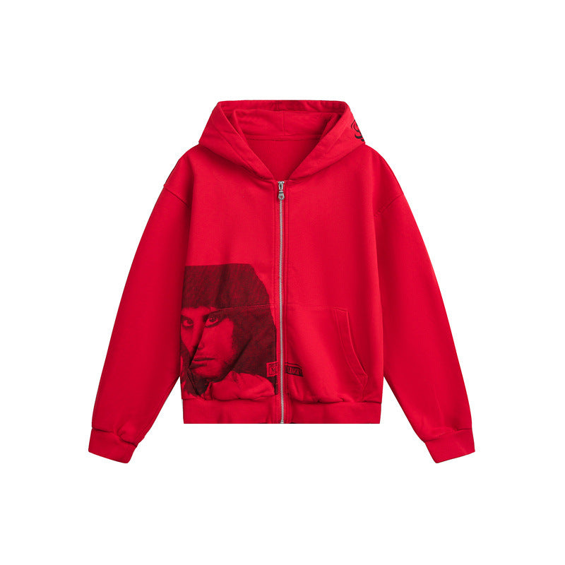 Unisex Kapuzen-Zipjacke im Boxy‑Cut mit großflächigem Portrait-Print Shop Nory