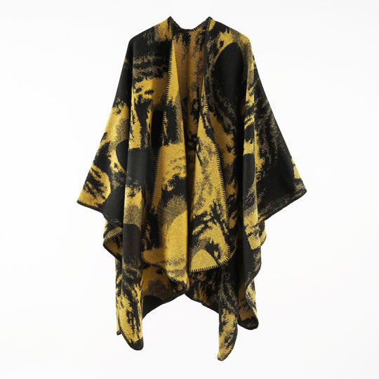 Damen Oversize-Jacquard-Umhang aus Wollmix mit grafischem Aquarellmuster und Kettelkante Shop Nory