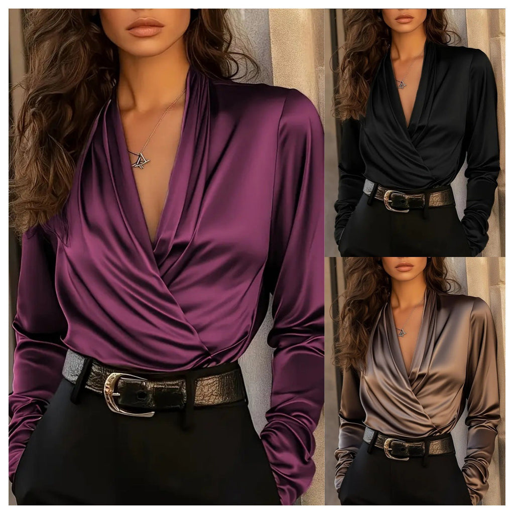Damen elegante Satinbluse mit Wickeldesign und tiefem V-Ausschnitt