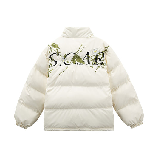 Damen Gepolsterte Oversize-Steppjacke mit Stehkragen und Blumenstickerei Shop Nory