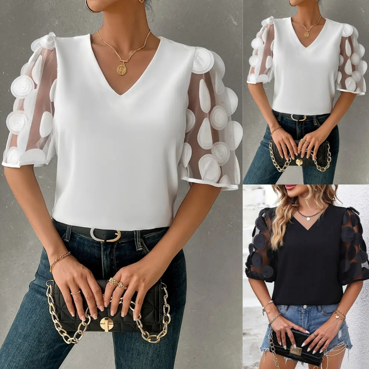 Damen V-Ausschnitt Bluse mit transparenten Rüschensäumen